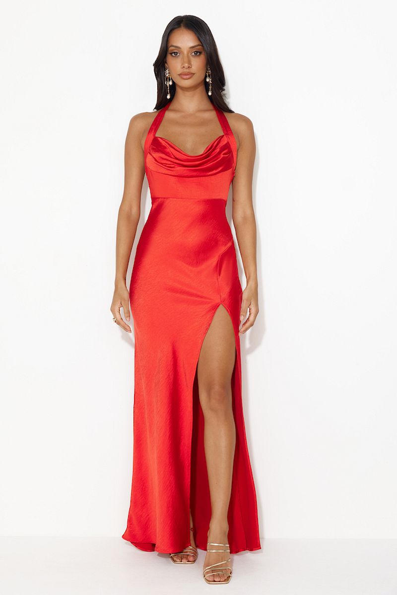 HELLO MOLLY Girl In The Spotlight Halter Neck Satin Maxi Dress Red