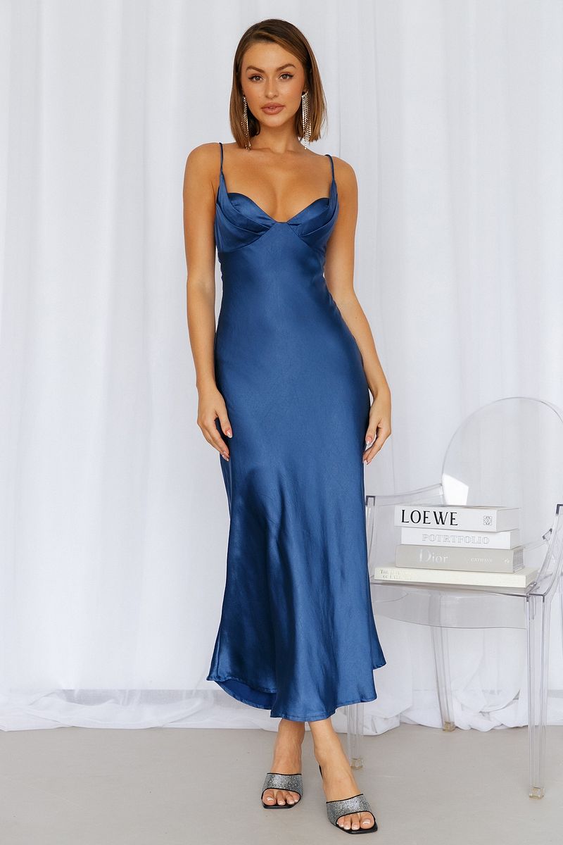 No Cloudy Skies Satin Maxi Dress Navy