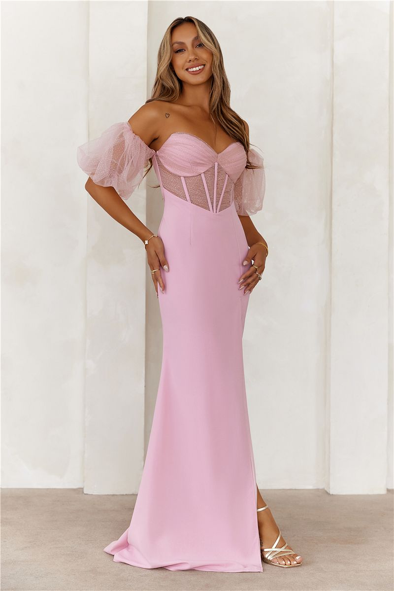 Champagne Soirée Off Shoulder Maxi Dress Pink