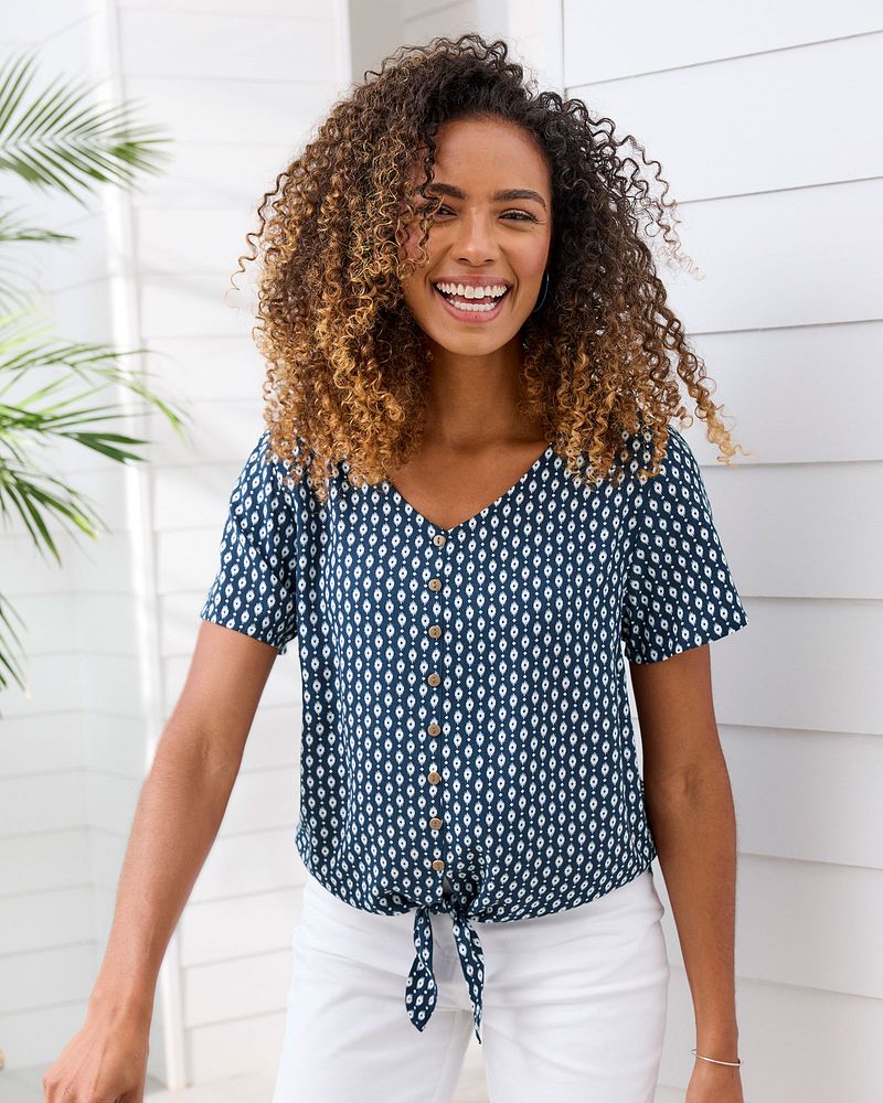 Print Tie Front Blouse